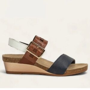 Naot Dynasty Wedge Sandals Leather Ankle Strap Ink/White/Chestnut sz 39 New